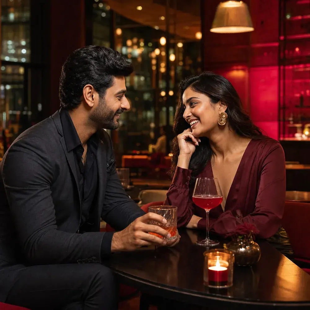 Indian couple sharing drinks at a Delhi restaurant