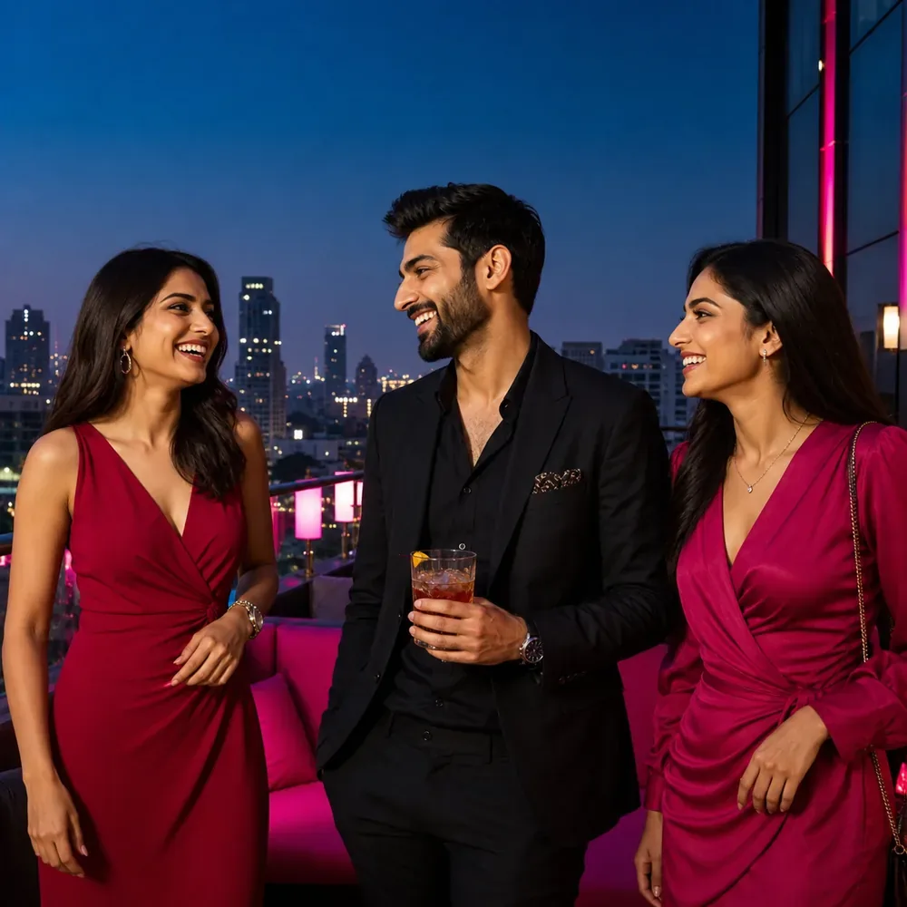 Friends enjoying a rooftop night out in Delhi NCR